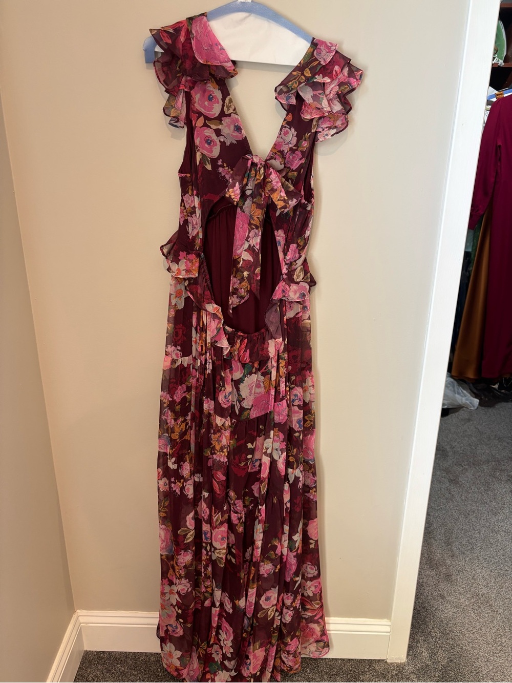 AQUA Bloomingdale’s Burgundy Floral Ruffle Maxi Dress — Size XL - Picture 2 of 2